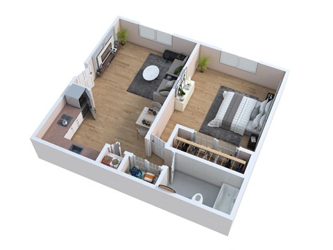an overhead view of an apartment floor plan with a bedroom and a living room